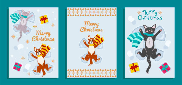 Merry Christmas. Set of vector greeting card templates with funny animals. Cute Cat and dog lie on the snow and make a snow angel. Merry Christmas. Set of vector greeting card templates with funny animals. Cute Cat and dog lie on the snow and make a snow angel. making snow angels stock illustrations