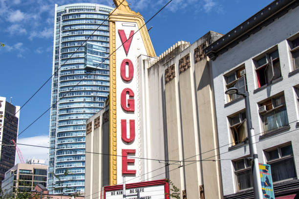 View of sign The Vogue theatre and music venue in Vancouver Vancouver, Canada - June 29,2020: View of sign The Vogue theatre and music venue in Vancouver showtime stock pictures, royalty-free photos & images