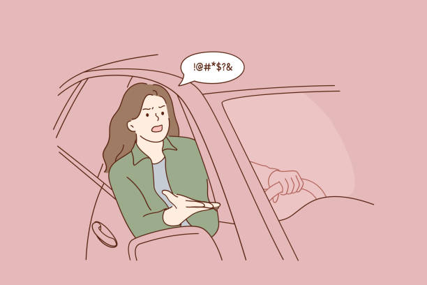 Quarrelling and negative emotions of car driver concept Quarrelling and negative emotions of car driver concept. Young angry woman driver cartoon character feeling dissatisfied and screaming on somebody from cars cabin window car traffic jam traffic driving stock illustrations