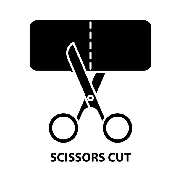 ilustrações, clipart, desenhos animados e ícones de ícone de corte de tesoura, sinal vetorial preto com traços editáveis, ilustração conceitual - coupon scissors sale frame