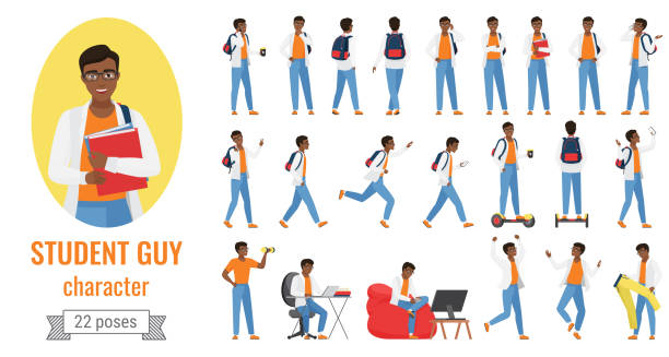 ilustraciones, imágenes clip art, dibujos animados e iconos de stock de estudiante chico posa conjunto, personaje masculino joven de dibujos animados en jeans - moving van relocation motion physical activity