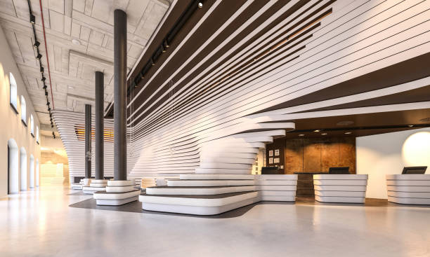hotel reception lobby - futuristic indoors inside of abstract imagens e fotografias de stock