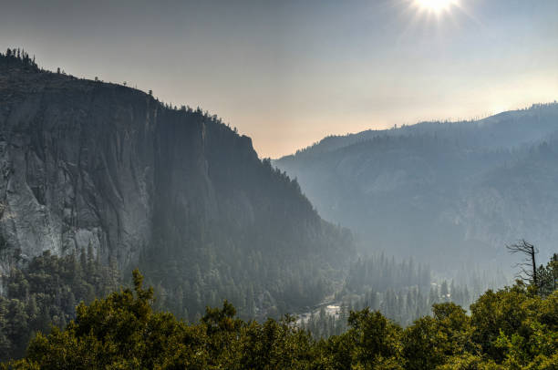 A hazy Big Oak Flat Road in Yosemite National Park, California.