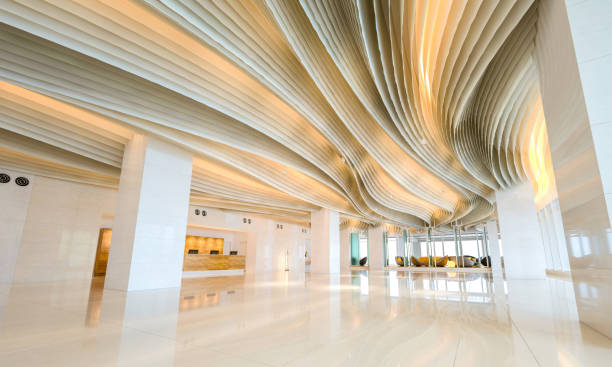 hotel reception lobby - futuristic indoors inside of abstract imagens e fotografias de stock