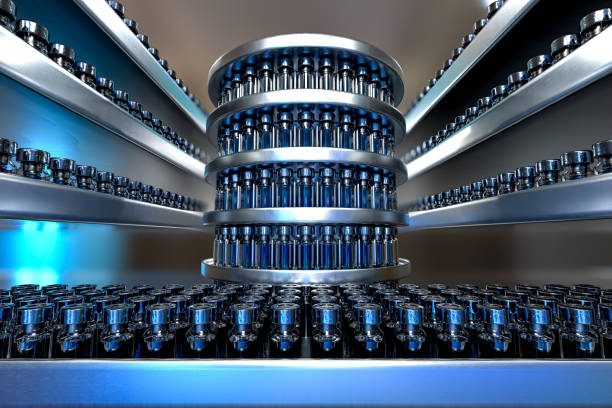 3d-rendering-szene des coronavirus-impfstoffs an einer produktionslinie in einer pharmazeutischen manufaktur. - sterilizer stock-fotos und bilder