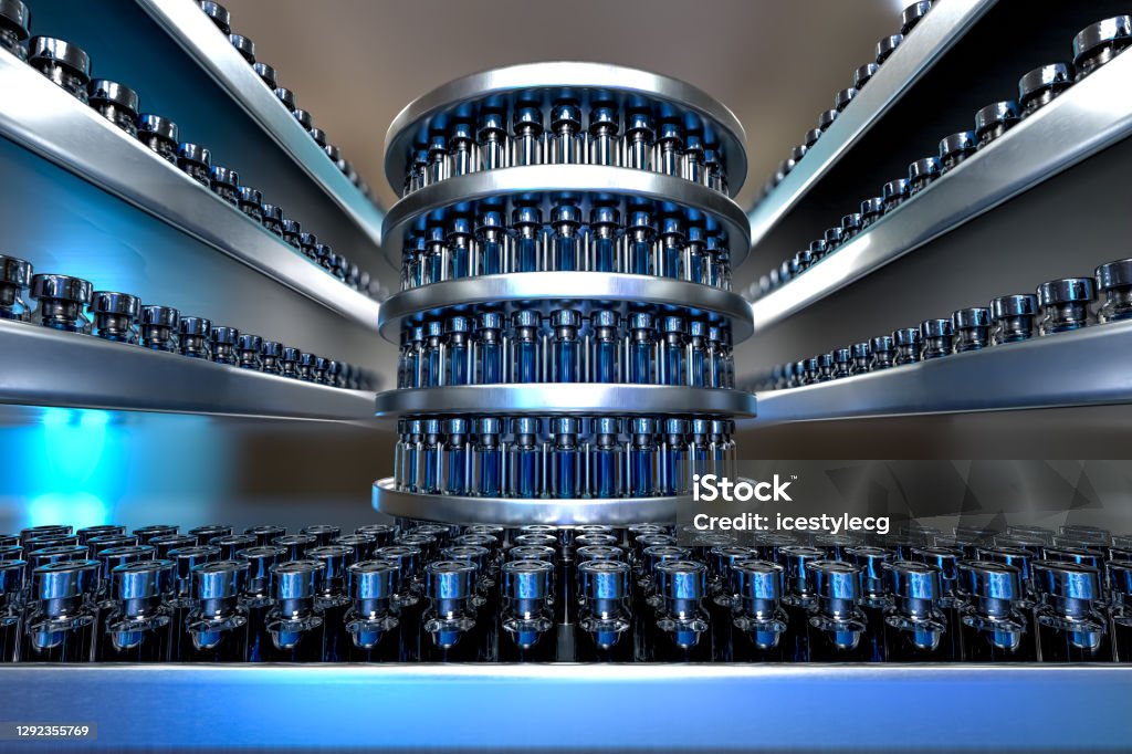 3d rendering scene of Coronavirus vaccine on a production line in a Pharmaceutical Manufactory. Medicine Stock Photo