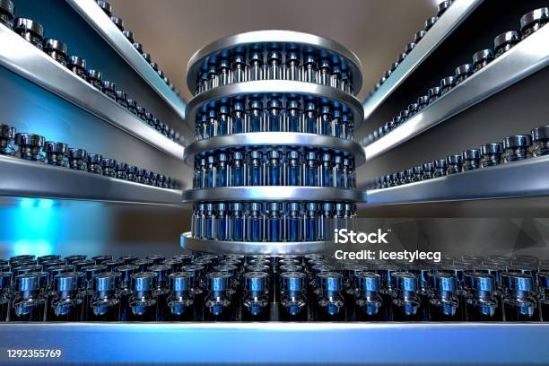 3d Rendering Scene Of Coronavirus Vaccine On A Production Line In A Pharmaceutical Manufactory Stock Photo - Download Image Now