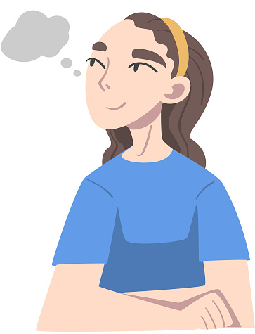 Starry-eyed Woman Dreaming and Fantasizing Imagining Something in Her Head Vector Illustration. Young Female Dreamer at Half Length Mind Wandering and Daydreaming Concept