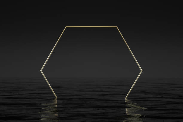 istock Golden Hexagon Shape Frame over the Sea, Minimal Geometric Background 1292358390