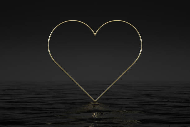 3D rendering of Golden Heart Shape Frame over the Sea, Minimal Geometric Background. Product presentation. Image montage.