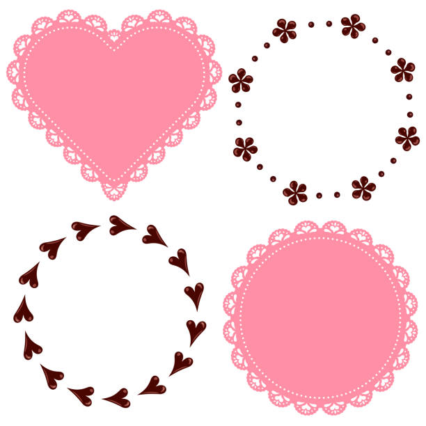 A set of heart-shaped and circular lace fabric frames and chocolate decoration frames. A set of heart-shaped and circular lace fabric frames and chocolate decoration frames. doily stock illustrations