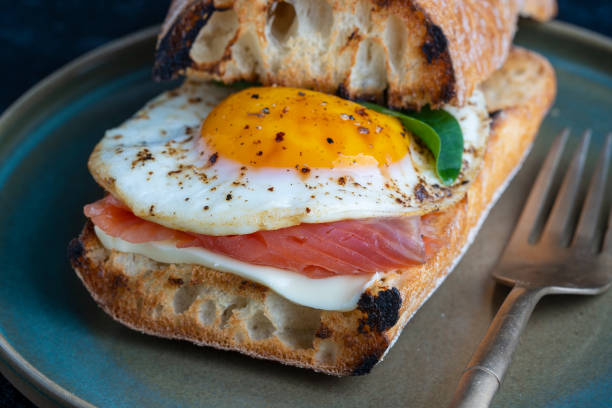 istock Fresh salmon, egg sandwich, close up. Salted salmon, fried egg, butter and white bread 1292364796