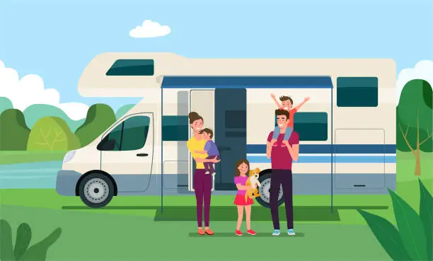 Vector illustration of Campervan mobile home with open door and awning together with a vacationing family. Vector flat style illustration.