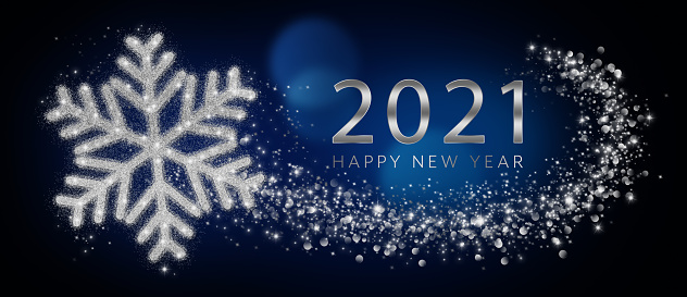 2021 Happy New Year Card With Silver Snowflake In Abstract Blue Night