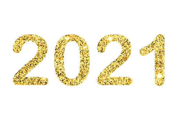 istock 2021 number with bright sparkles. Golden Vector luxury 2021 text with glitter for your design. Stock vector illustration on white isolated background. 1292366795