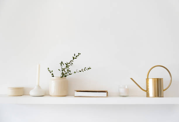 istock Minimalistic Scandinavian interior. Dishes on white shelves. 1292367834