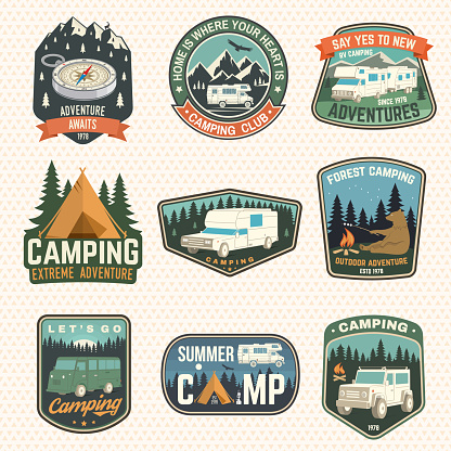 Set of rv camping badges, patches, camping quote. Vector. Concept for shirt or logo, print, stamp or tee. Vintage typography design with RV Motorhome, camping trailer