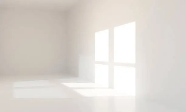 Photo of Abstract empty room interior wall background with sunlight and shadow. Realistic 3d rendering design of corner room. Perspective of bright white floor with window light.