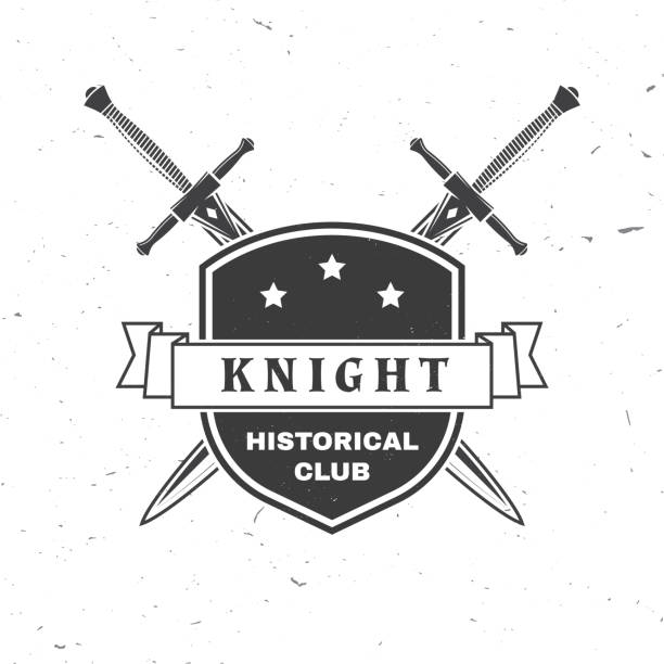 Knight historical club badge design. Vector illustration Concept for shirt, print, stamp, overlay or template. Vintage typography design with swords and shield silhouette. Knight historical club badge design. Vector illustration. Concept for shirt, print, stamp, overlay or template. Vintage typography design with swords and shield silhouette. knights templar symbols stock illustrations