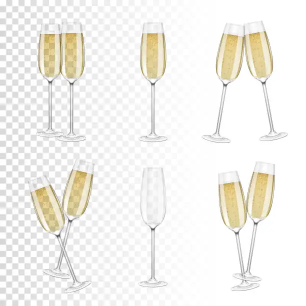 Vector illustration of Set of glasses of champagne, isolated.