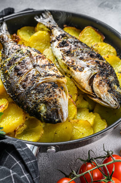istock Grilled Dorado fish with potatoes in a pan. Gray background. top view 1292370935