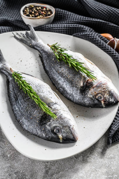 istock Fresh sea bream fish ready for cooking. Gray background. top view. 1292370985