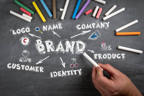 brand. logo, name, identity and customer concept. chalk board background - branding imagens e fotografias de stock