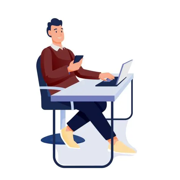 Vector illustration of Man working in office at desk with laptop and phone. Workplace vector illustration. Young guy sitting at table with computer holding smartphone on white background