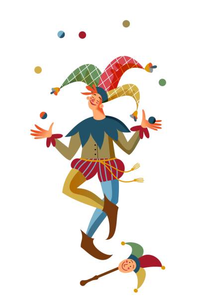Medieval jester character. Funny man with mask juggling balls in Middle Ages vector illustration. Young happy smiling boy isolated on white background. Historical entertainment Medieval jester character. Funny man with mask juggling balls in Middle Ages vector illustration. Young happy smiling boy isolated on white background. Historical entertainment. court jester stock illustrations