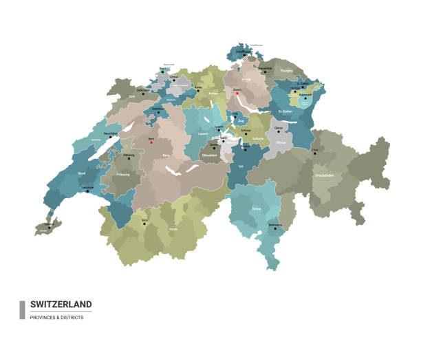 スイスのハイクト細分化された詳細マップ。州や行政区によって色付けされた地区と都市名を持つスイスの行政地図。ベクターの図。 - jura canton点のイラスト素�材／クリップアート素材／マンガ素材／アイコン素材