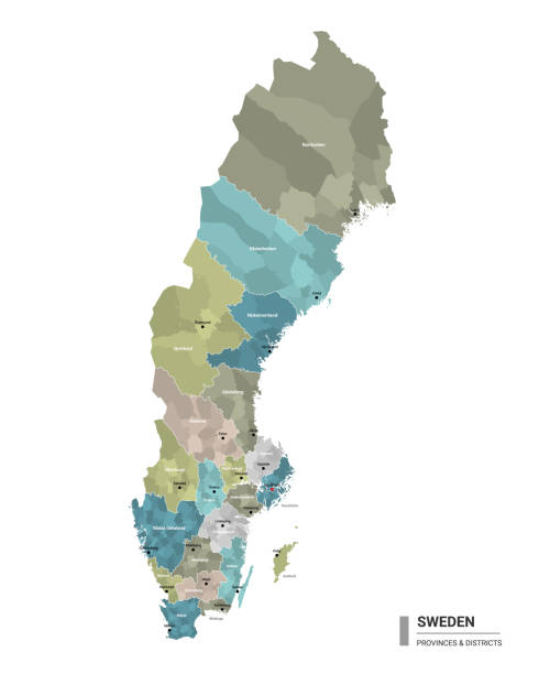 スウェーデンの詳細な地図と細分化。州や行政区によって色付けされた地区と都市名を持つスウェーデンの行政地図。ベクターの図。 - sweden map stockholm vector点のイラスト素材／クリップアート素材／マンガ素材／アイコン素材