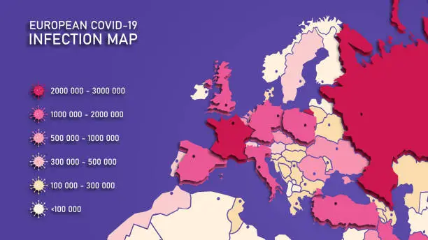 Vector illustration of Vector background. Infographics. Geographic map of Europe. Coronavirus infection statistics in European countries. Covid-19. Epidemiological map of the spread of the virus. Planet Earth. 3D.