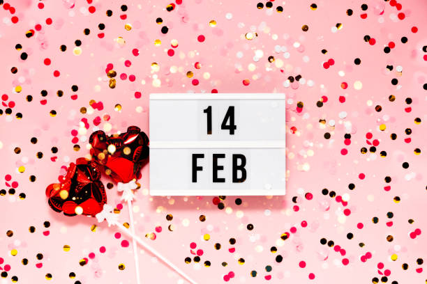 saint valentine's day  festive background. bokeh lights and confetti february 14 . top horizontal view copyspace. - white personal organizer calendar speech imagens e fotografias de stock