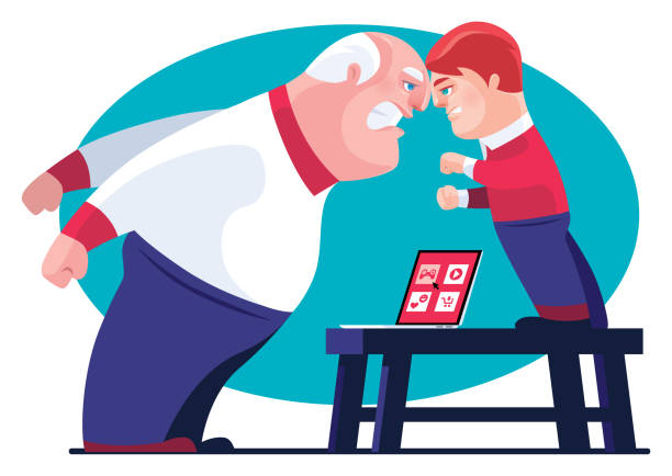 ilustrações de stock, clip art, desenhos animados e ícones de angry kid and grandfather conflicting of using laptop - grandparent grandfather humor grandchild