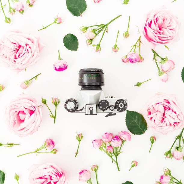 istock Floral frame with pink roses and old retro camera on white background. Flat lay, top view. 1292381651