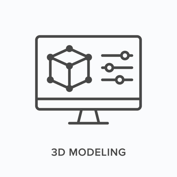 3d modeling flat line icon. Vector outline illustration of computer screen with cube prototype. Product design black thin linear pictogram for engineering 3d modeling flat line icon. Vector outline illustration of computer screen with cube prototype. Product design black thin linear pictogram for engineering. computer aided design stock illustrations