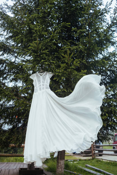 istock Wedding white lace long dress hangs on a hanger on the green tree 1292384801