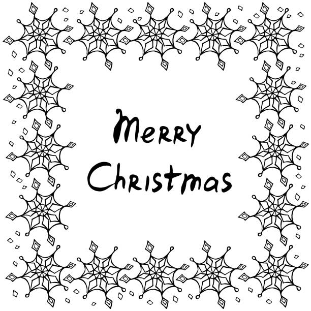 Winter square vector frame of black snowflakes with lettering Merry Christmas. Hand drawn border, isolated. Background, title, template for photo, holiday decoration, Snowfall and frost concepts Winter square vector frame of black snowflakes with lettering Merry Christmas. Hand drawn border, isolated. Background, title, template for photo, holiday decoration, Snowfall and frost concepts. black and white photo christmas cards stock illustrations