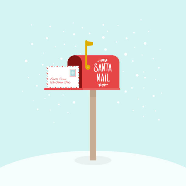 ilustraciones, imágenes clip art, dibujos animados e iconos de stock de buzón de navidad al aire libre abierto con cartas. correo de papá noel. marca de buzón de correo levantada. ilustración vectorial, diseño plano - christmas santa claus north pole snow