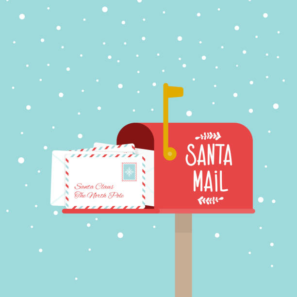 illustrazioni stock, clip art, cartoni animati e icone di tendenza di aperto all'aperto casella di natale piena di lettere. posta di babbo natale. nevicando. flag della cassetta postale alzato. illustrazione vettoriale, design piatto - greeting card christmas envelope mail