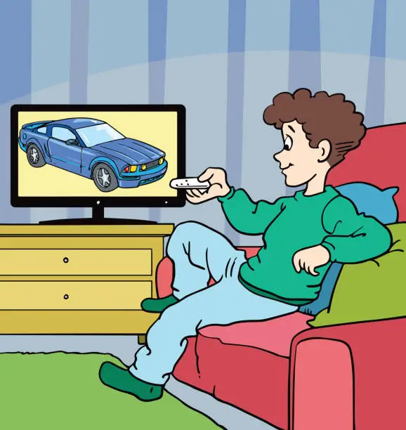 Vector illustration of Boy sitting on sofa and watching tv.