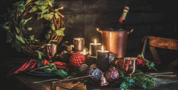 istock Christmas holiday festive table setting with champagne, wide composition 1292387024