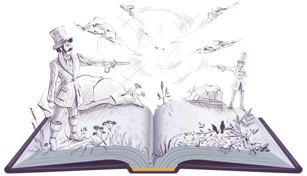 Vector illustration of Two gentlemen man had duel on vintage pistols. Open book illustration novel