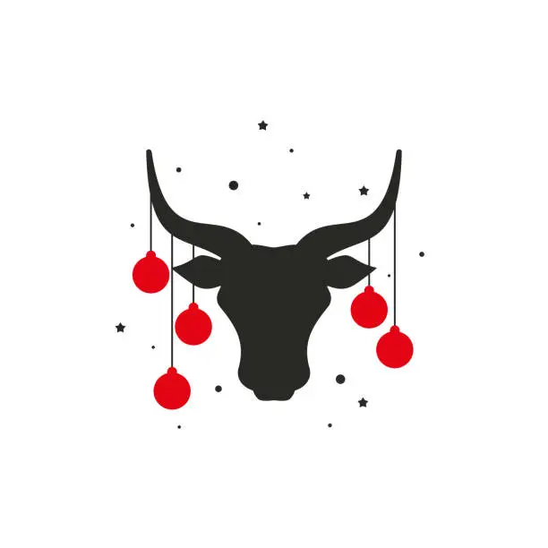 Vector illustration of Cow head with red christmas tree toy balls on horns, snow and stars.