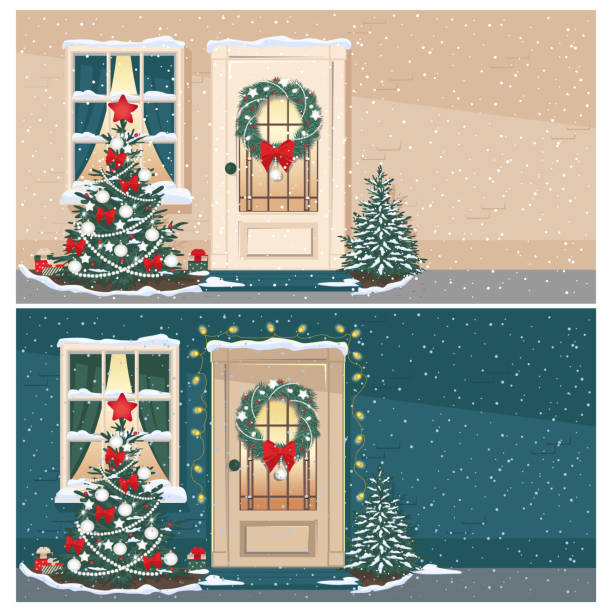 illustrazioni stock, clip art, cartoni animati e icone di tendenza di porte e finestre di natale con abete e decorazioni natalizie - new year wall door decoration