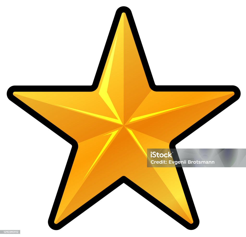 Guldstjärna logotyp isolerad på vit bakgrund. Tecknad illustration av glänsande gyllene stjärna formade objekt. Enkel form logotype för företag eller pris för vinnare. - Royaltyfri Bild vektorgrafik