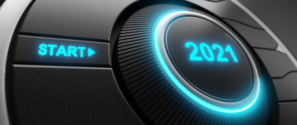 istock 2021 - Press the start button. Concept of the New Year. 3D illustration 1292396082