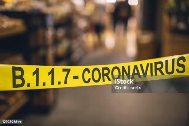 Caution Quarantine Area B117 Coronavirus Tape Barrier Stock Photo - Download Image Now