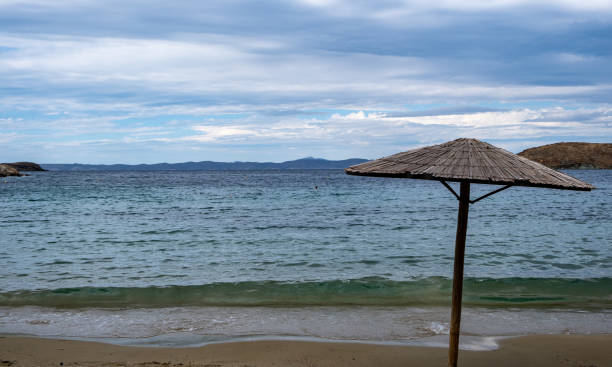 istock Straw umbrella on an empty sandy beach, cloudy sky background 1292402501