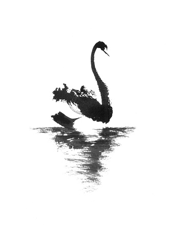 Japanese style sumi-e painting with floating swan. Great for greeting cards or texture design.